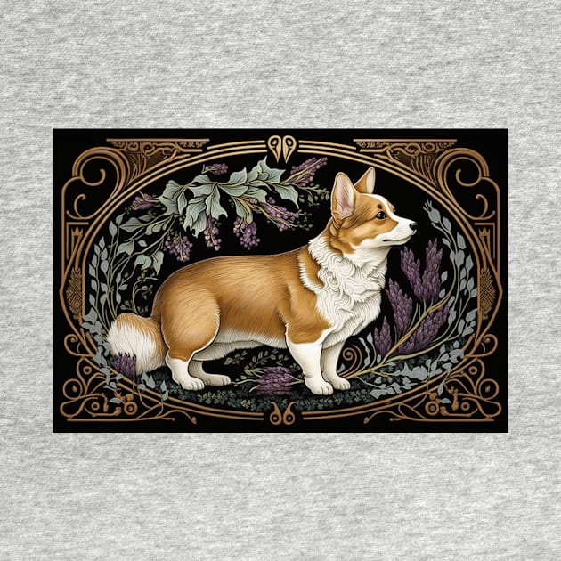 Pembroke Welsh Corgi Standing Among Lavender - Art Nouveau Style by ArtNouveauChic